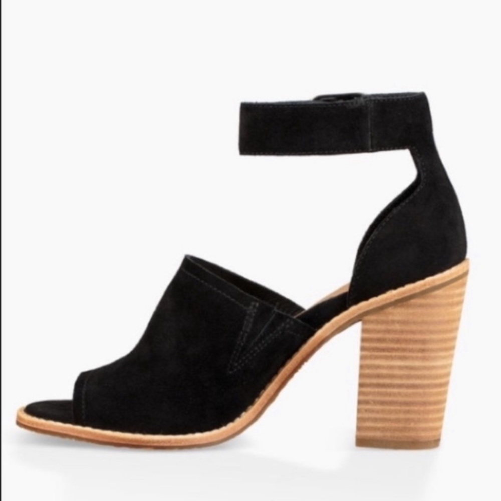 UGG Black Suede Ankle Strap Peep Toe Sandals - Picture 6 of 8